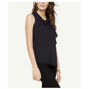 ann taylor draped ruffle shell top navy sheer sleeveless blouse xsp